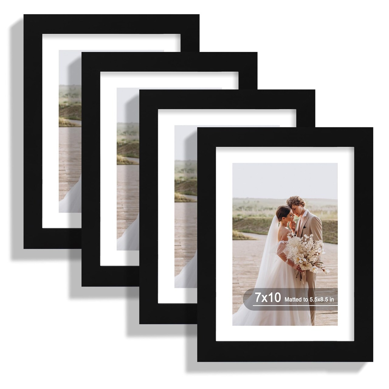7x10 Picture Frame Set of 4, Made of Real Glass and Black Frame - Display 5.5 x 8.5 Diploma Frame with Mat or 7x10 Without Mat, 7 by 10 Photo for Wall or Tabletop
